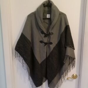 Blanket Poncho Fringed Edges Asymetrical Foldover Collar